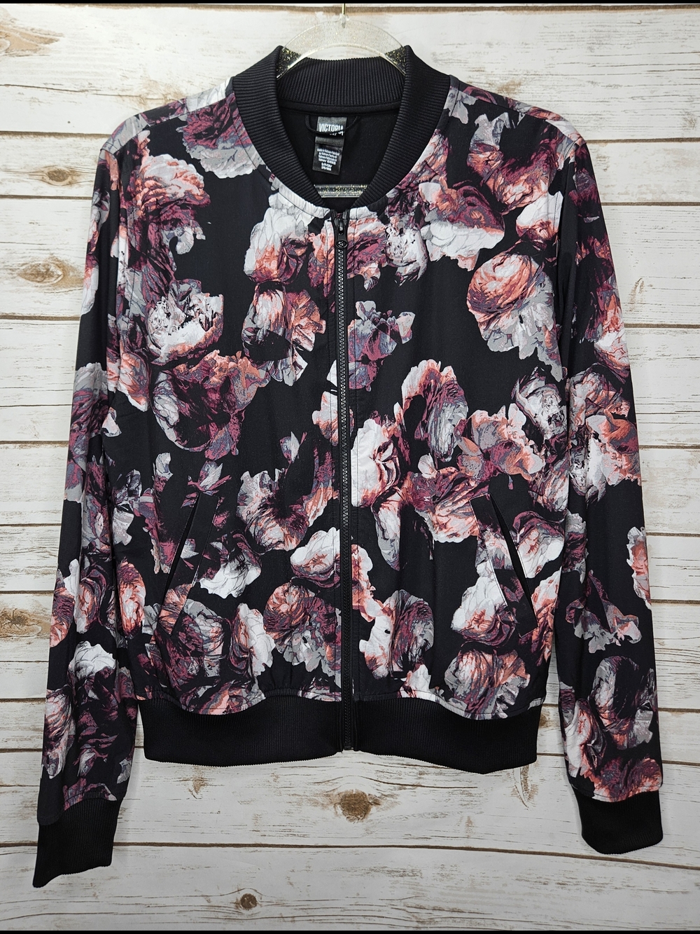 Victoria Sport Roses Zippered Bomber Jacket Size Small